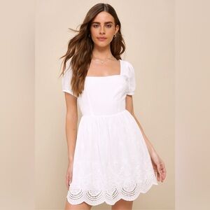 Lulu More Than Sweet White Eyelet Embroidered Puff Sleeve Mini Dress, Size S